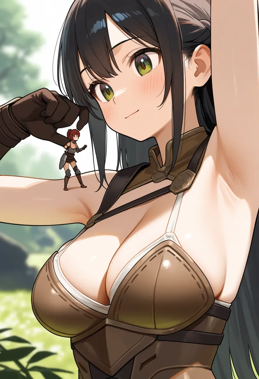 adventurer, armor (2 panels: 1.2), (3panels: 1.2), (miniature woman on the ground in front of a closeup armpit), 2girls, CLOSEUP ARMPIT, cleavage