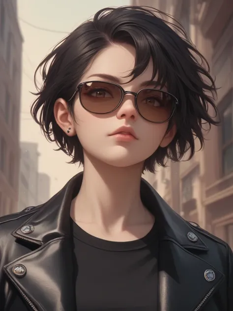 1 , Alone, short hair, black hair,brown eyes, high resolution,  mouth shut, black leather jacket,black shirt,high resolution,sunglasses 