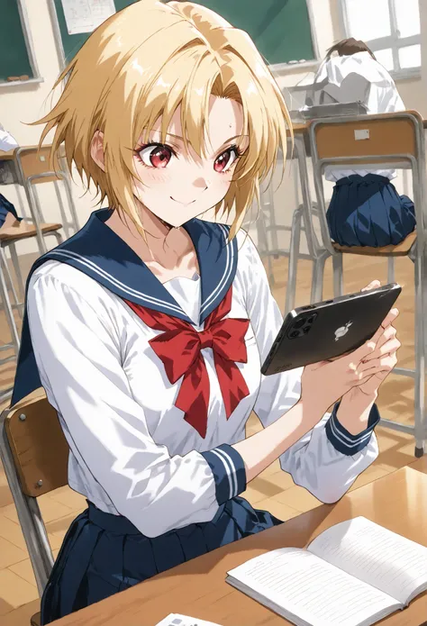 blonde short hair、 sailor uniform、School Classroom、machine、 blackboard 、(smoking heated cigarettes)、、(Licensed)、、Medium Chest、、masterpiece、best quality,    ,   Steamy sweat,  Depth of Field, customer,   smile、 chatting 、   motion line,   speedline  ,I'm si...