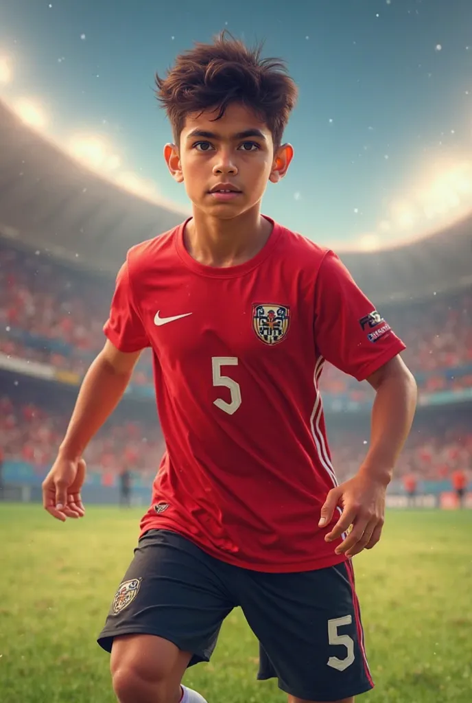 The best cool wallpaper for a young ager soccer player with the name Ahmad on his shirt and number 5 don’t show face Red shirt black shorts and white socks 