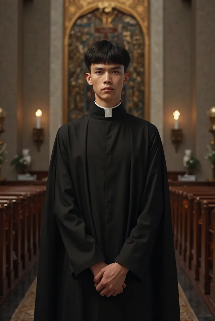 Young priest in black cassock with undivided black hair straight without a beard in the church with a half body in front with a priest's hat on his head 