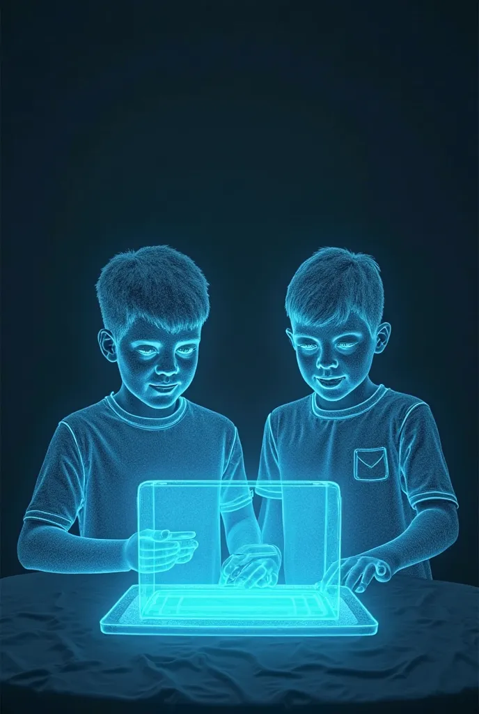 Holographic representation of two ren watching a holographic computer, with a distracted adult looking at their cell phone. All characters must appear as holographic silhouettes, system with a translucent effect and blue or cyan light. Avoid any realistic ...