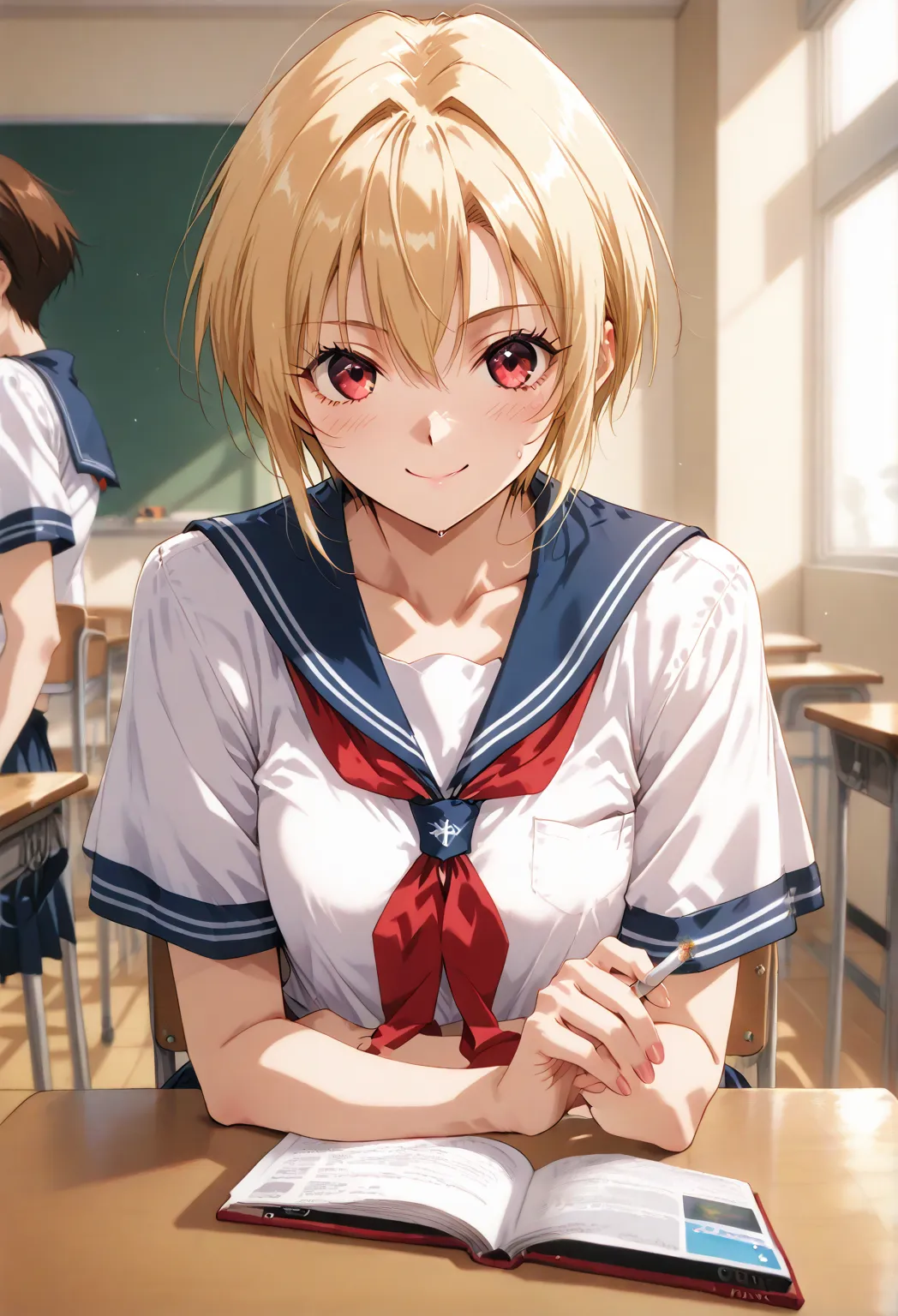 blonde short hair、 sailor uniform、School Classroom、machine、 blackboard 、(Suck a cigarette)、、(Licensed)、、Medium Chest、、masterpiece、best quality,    ,   Steamy sweat,  Depth of Field, customer,   smile、 chatting 、   motion line,   speedline  ,I'm sitting on ...