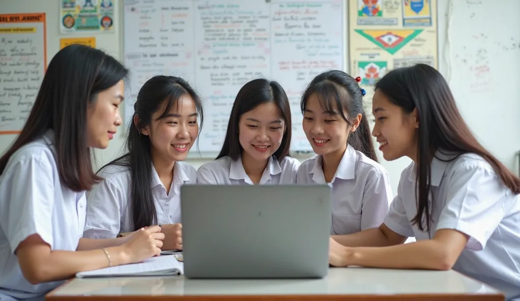 Bức ảnh ghi lại một khoảnh khắc làm việc nhóm của các student or student. It shows the their concentration and cooperative spirit in a study or work environment.
• Photo taken in a classroom space or study room, with whiteboard behind and documents on disp...