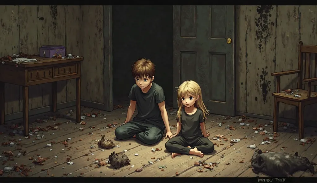   eerie atmosphere. The room features a wooden floor covered in debris and  , with a  animal lying in the foreground. Two ren, a boy and a girl, sit on the floor amidst the mess. The boy, with short brown hair and fair skin, wears a dark shirt, while the g...