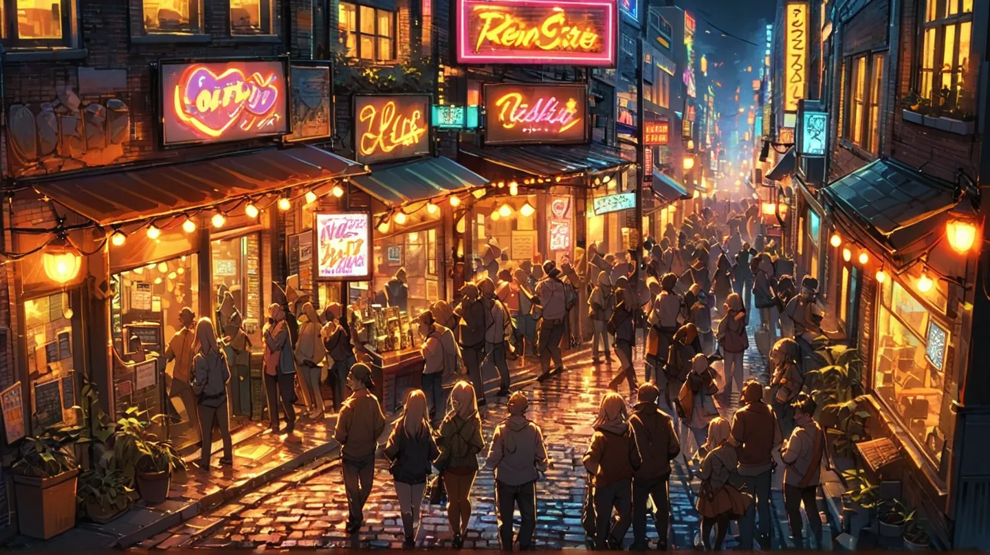 A vibrant and bustling nightlife scene in an urban entertainment district, filled with neon signs and colorful lights. The street is lined with lively bars, honky-tonks, and music venues, featuring signs with musical themes such as guitars, fiddles, and br...