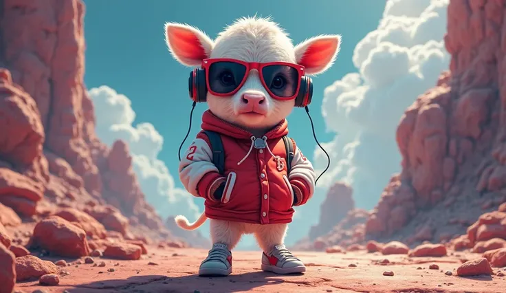 Perfect centering, a cute calf, Wear a student team jacket, wearing sunglasses, Wearing Headphones, cheerfulness, standing position, abstract beauty, centred, looking at the camera, Facing the camera, approaching perfection, dynamic, highy detailed,  Soft,...