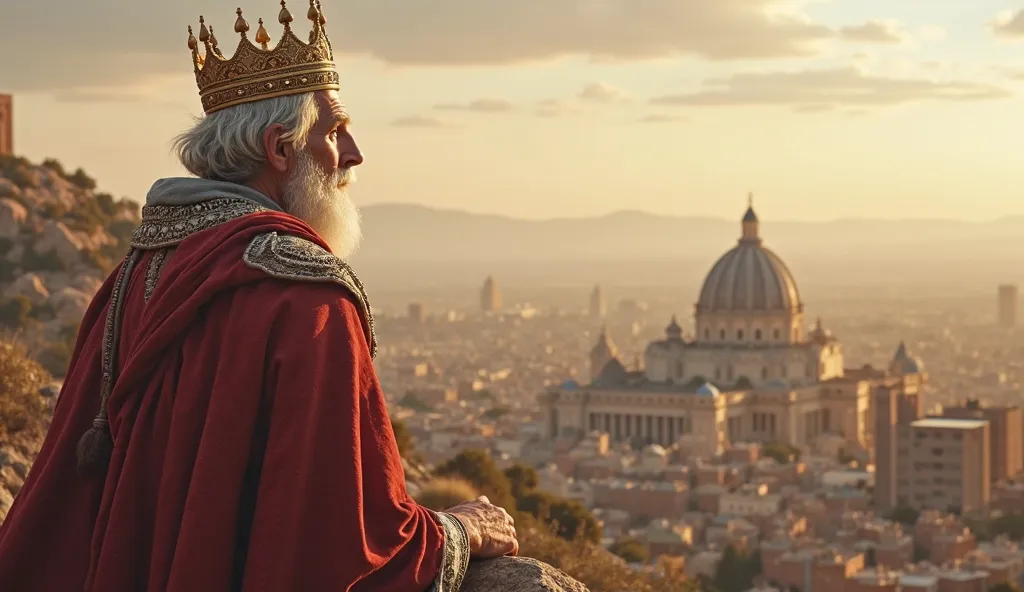 Generate a realistic image of Melchizedek,  from the Bible, being his priest's clothes and wearing a crown, being elderly and having medium to short hair, White beard and calm expression, Looking at the city of Salem, From the top of a mountain 