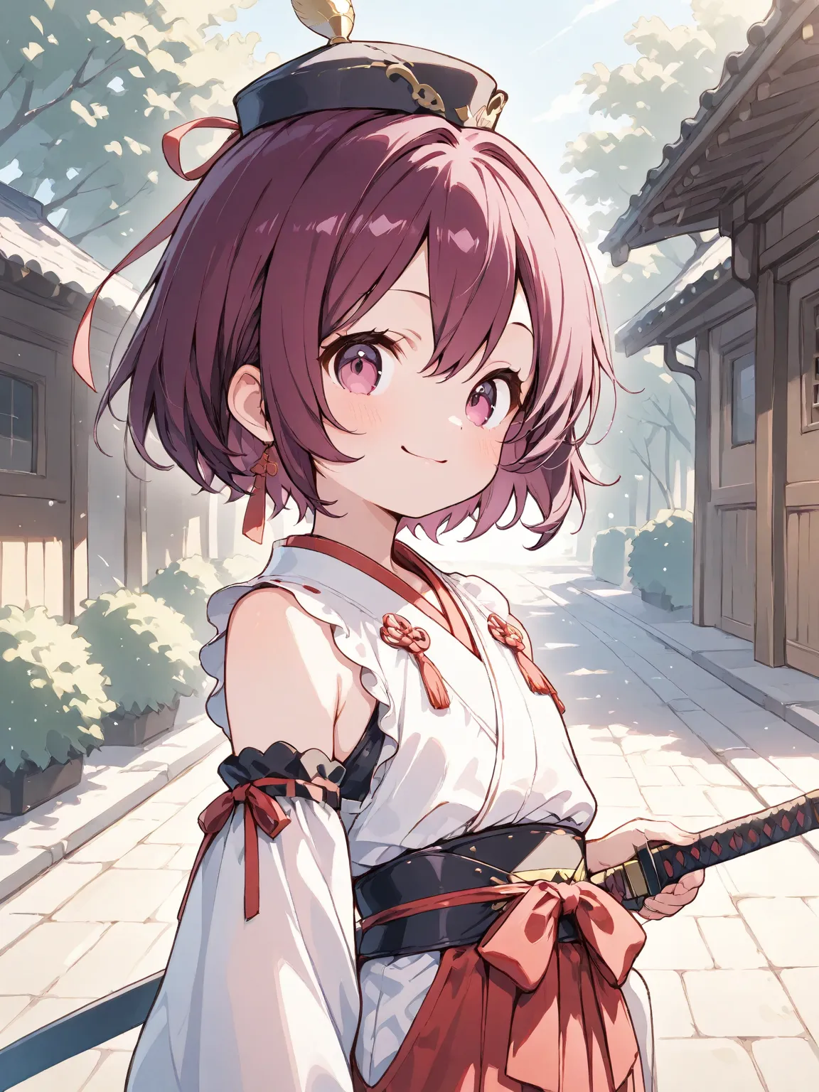 cute girls、delicate、flat chest、Three-cornered hat、 Edo Period Clothing、Carrying a sword、smile、Maroon haired shorthair 、Streetscapes from the Edo Period、anatomically correct, top quality