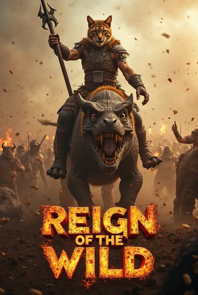 "A victorious feline-headed warrior, seated atop a ferocious dinosaur-like beast in the middle of a chaotic battlefield. The atmosphere is wild and primal, with dust and embers swirling in the air as an army of warriors and prehistoric creatures stands in ...