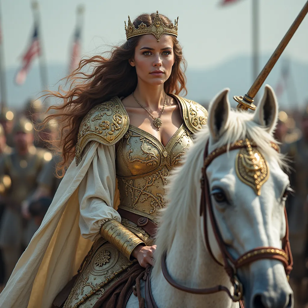 The Brown-Haired Warrior Ice Queen is a beautiful empress in a gold-encrusted shield with a crown, The body of a majestic warrior, big breasts, And the, robe is an arrogant and domineering smile , A warrior queen on the battlefield surrounded by generals, ...