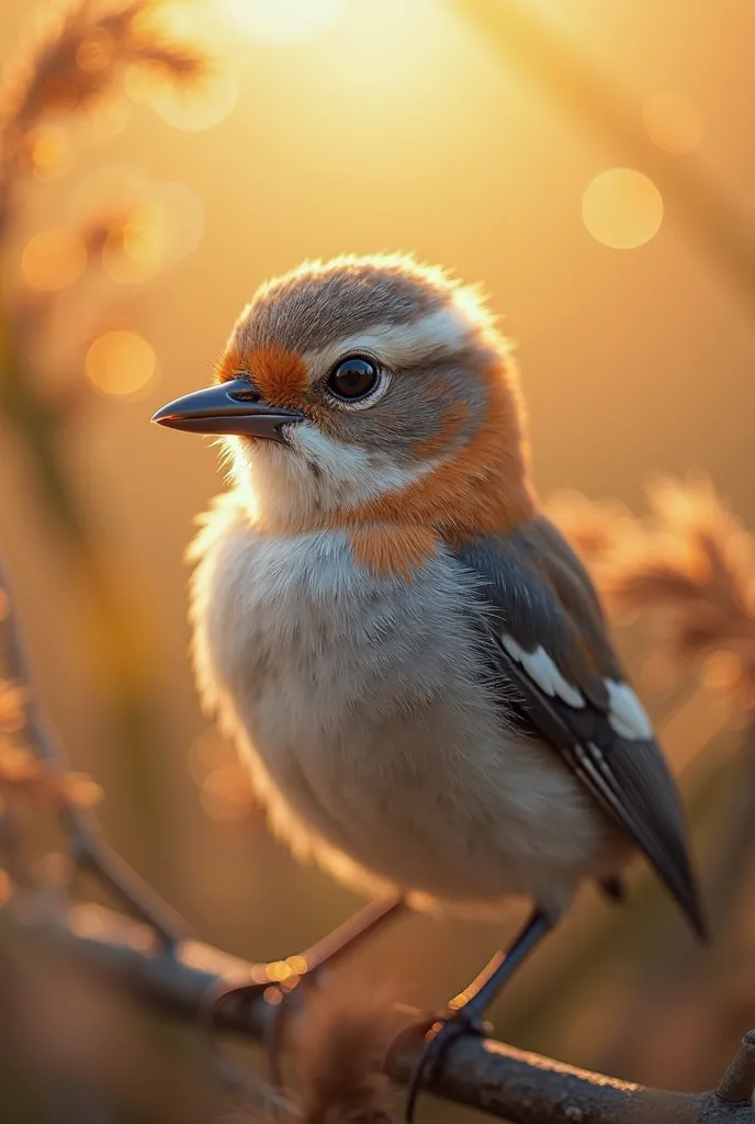 A mesmerizing close-up portrait of a gorgeous little bird illuminated by the soft, golden light of a tranquil morning, with vibrant bokeh balls gently framing its delicate form.