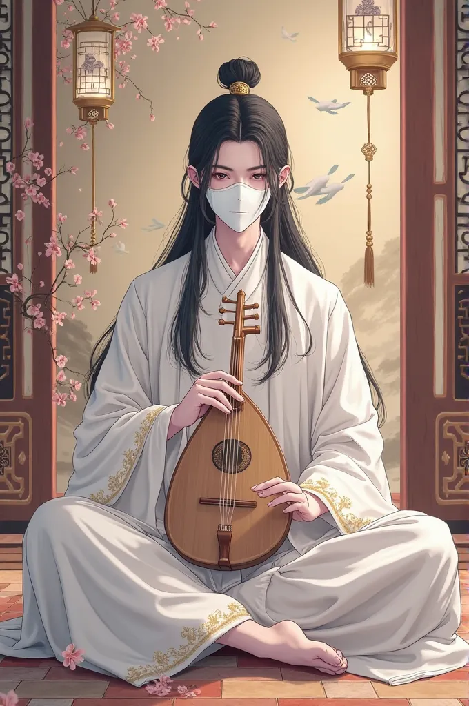  a man with long hair, smooth and black like ebony, influence with intense lilac eyes and immaculate white skin. It has a small dot below the lower lip, on the left side of the face. He wears a white Chinese costume outfit, with golden embroideries of moun...