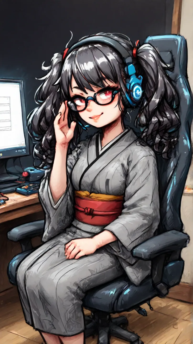 An adult Japanese woman. She has semi-short, black curly hair. She wears glasses and a dark red and dark gray kimono. She is wearing a gaming headset, sitting in a gaming chair, and broadcasting her PC gameplay. She has finally completed a game that she ha...