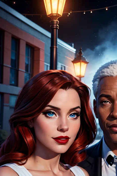 A full shot of Caucasian female character Lana Lang and African American male John Henry Irons, both from DC Comics, enjoying an evening stroll. John has short black hair. Lana has light-red hair and blue eyes. Both are smiling. Both look happy and in love...