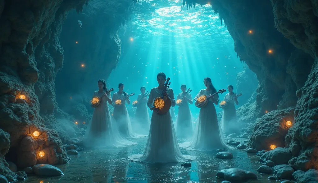 Orchestra of the Spirits of the Sea

Key Elements:
theme: Mysterious seabed, Undersea Dreamscapes, fantasy world, or Magical Stages.
Musician & Holding seashells instead of musical instruments
Movement: Musician appear dynamically, Move around the scene wh...