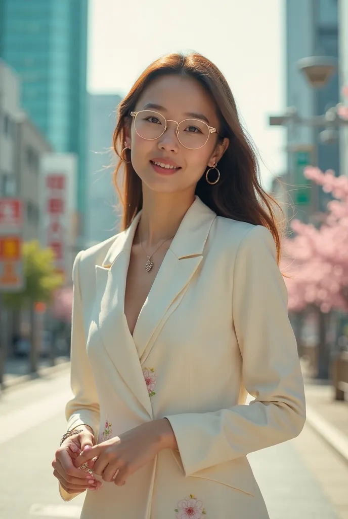 **Image Prompt:** A radiant Japanese lady in her early 20s stands gracefully in a bustling Tokyo streetscape at midday, framed by sleek skyscrapers, cherry blossom-lined sidewalks, and the soft glow of daylight reflecting off glass facades. She exudes effo...