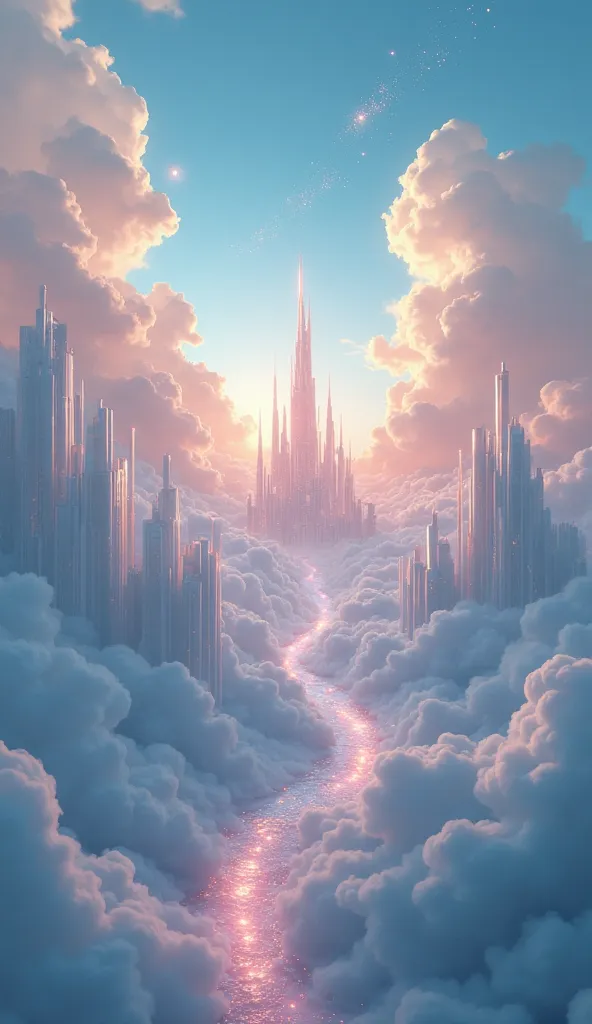 A city above the clouds with The streets of this city are filled with soft light flowing along the crystal walls, forms an ever-changing pattern. The air is filled with the sound of musical instruments that sound as if played by the wind itself, creates a ...