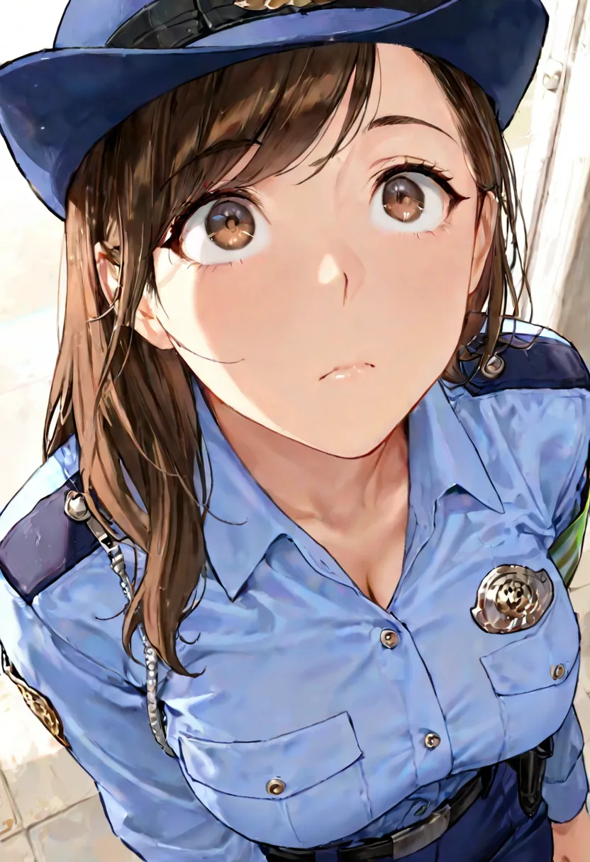 best quality,masterpiece,large breasts,brown eyes,dark brown hair,,light blue shirt,blue pants,belt,police hat,bare breasts,japanese police uniform,athletic,1girl,,swept bangs,long hair,mature,upper body.,,surprised,,looking up,closed mouth,,long sleeves,f...