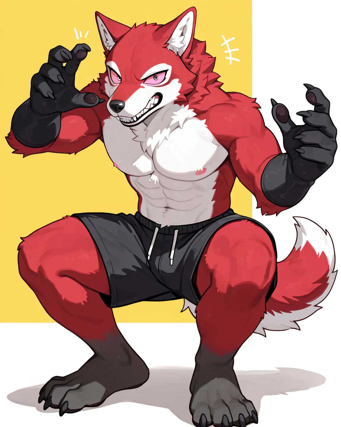 score_9, score_8_up, score_7_up, score_6_up, source_furry, solo, dof, white background, {{{BasilDBS, pink sclera, red body, red fur, whitepink inner body, whitepink inner fur, wolf, tail, black gloves, black gym Shorts, black nose, wolf ears, cheesey teeth...