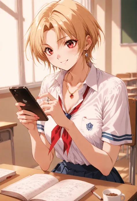 blonde short hair、earrings、 sailor uniform、School Classroom、machine、 blackboard 、(Suck a cigarette)、、(Licensed)、、Medium Chest、、masterpiece、best quality,    ,   Steamy sweat,  depth of writing, customer,   smile、 chatting 、   motion line,   speedline  ,I'm ...