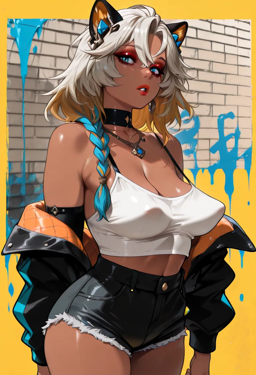 masterpiece,best quality,amazing quality,  xilonen, 1girl, 3/4 body,dark-skinned female, bare shoulders, jewelry,necklace,  cleavage, looking at viewer,  makeup,lip gloss,eyeshadow, eye liner, (yellow background,surreal background,urban graffiti background...