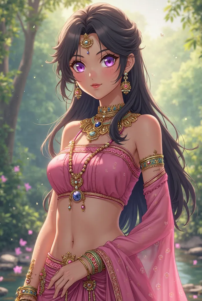 Yona from Yona of the Dawn anime wears Indian clothes ( baby pink colored with the belly exposed and a lot of jewelry and accessories, Yona has purple eyes like in the anime)