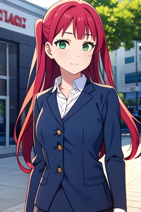 ((best quality)), ((masterpiece)), (detail),  perfect face, woman wearing office clothes, red hair, long hair, Green eyes, Walking on the sidewalk 