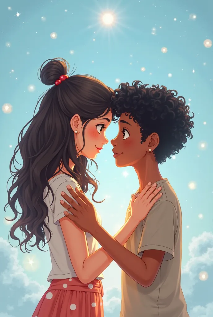 Brown boy with wavy black hair crossing an eye of love with a white girl with dark brown curly hair, light blue background ,Anime design 