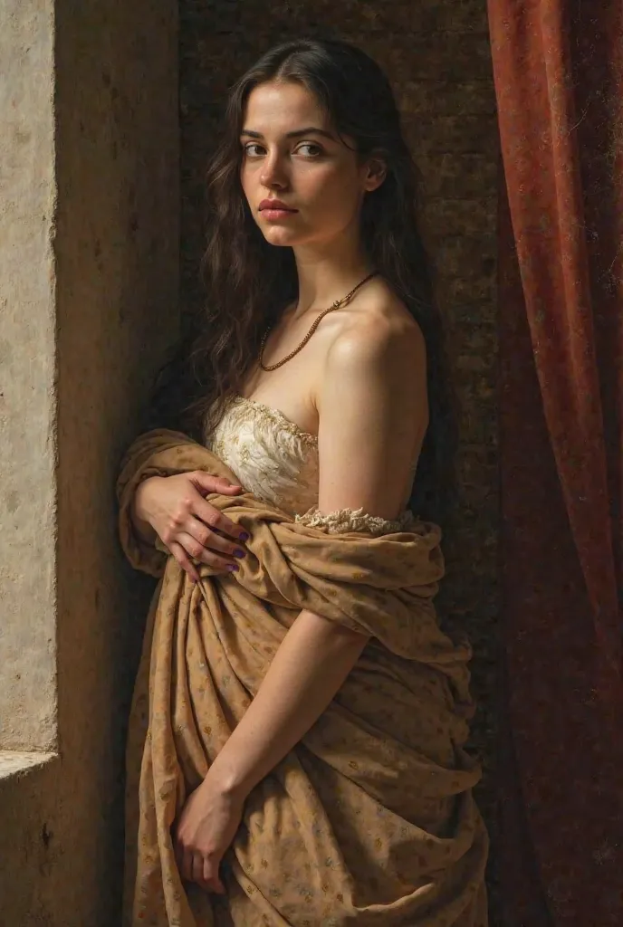 Create a Renaissance-style painting of a woman with full body Hispanic features, wrapped only in fabrics, full body view she is standing next to a lintel with a serene face.  Her face must show exaggerated boredom , looking back.  She has a delicate expres...