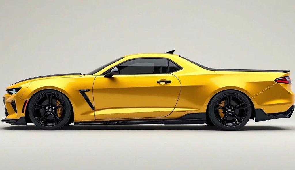 
"A sleek 2025 Chevrolet El Camino in metallic yellow, captured from the side angle. The car has an elongated yet aerodynamic profile with sharp body lines flowing seamlessly from front to back. It features wide, low-profile performance tires on black mult...