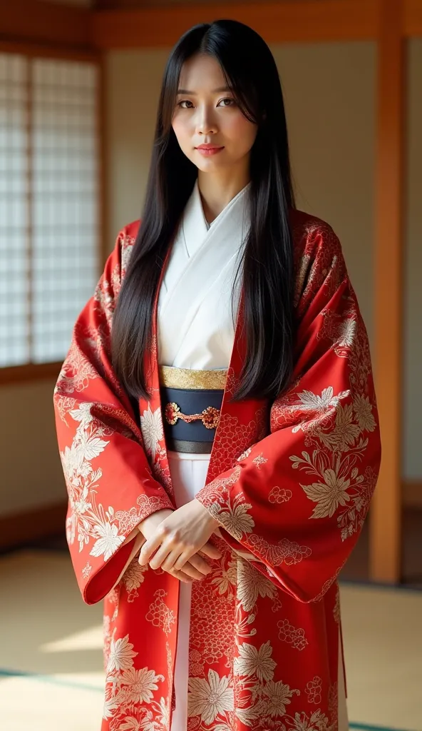 uchikake. A full-body portrait of a Japanese woman with long straight hair, wearing a white kimono and an intricately printed red uchikake over it, a traditional Japanese robe with an elegant print. She is standing in a traditional Japanese room.