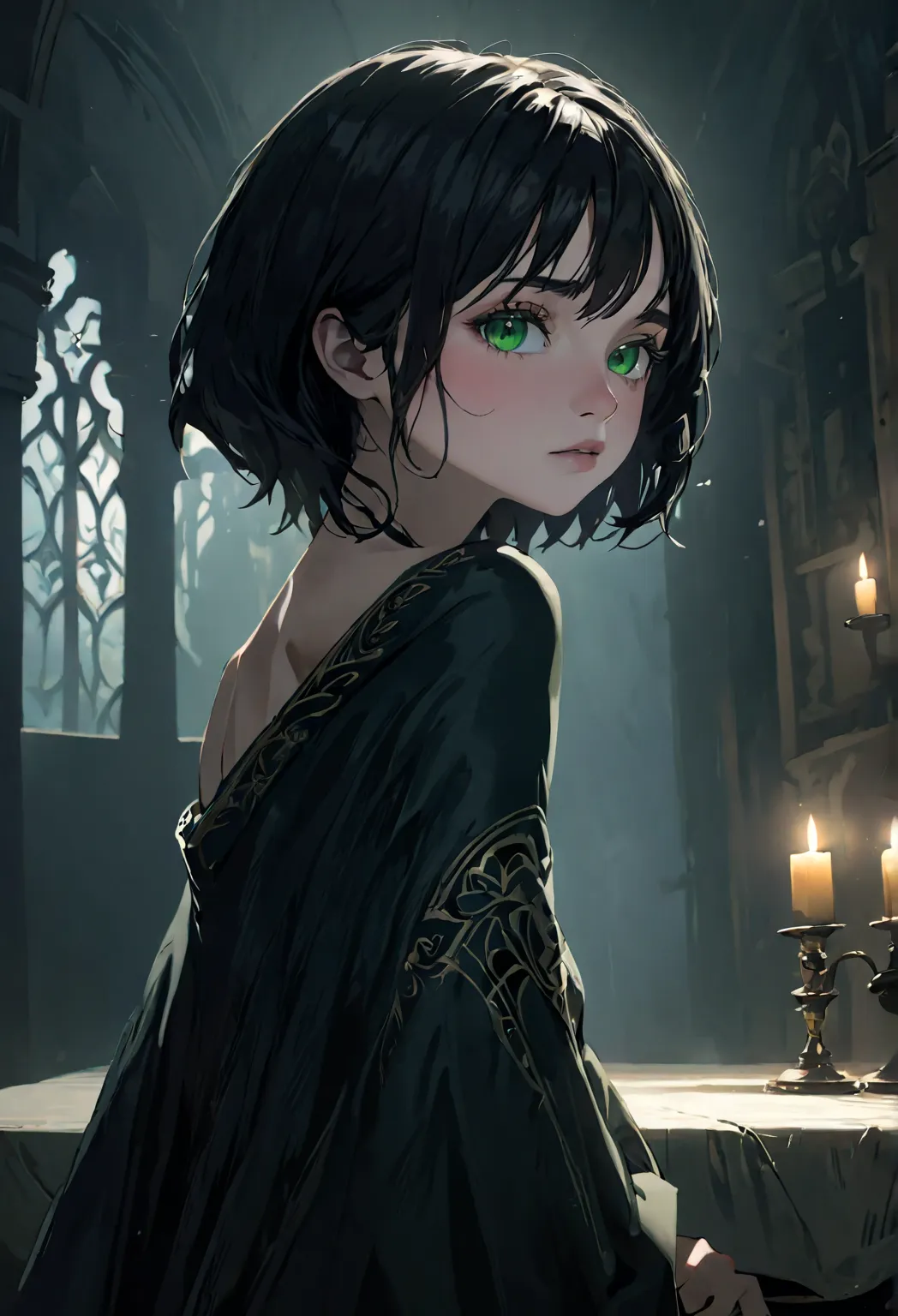 (highest quality, Tabletop:1.2, 超A high resolution, Realistic:1.5), RAW Photos, ((A daughter of Severus Snape: (European girl, black hair, green eyes))One Girl, Off the shoulder, In the Dark, Deep Shadow, Low lighting, Cool tones, Captivating Gaze, short h...