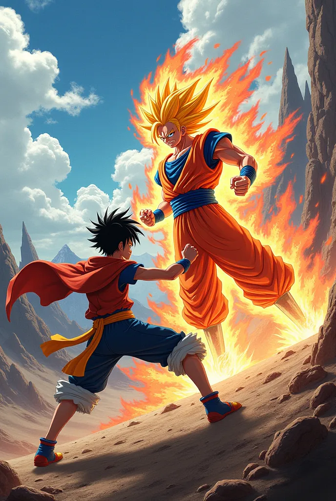 Show me a picture of gear 5 luffy fighting ultra instinct goku 