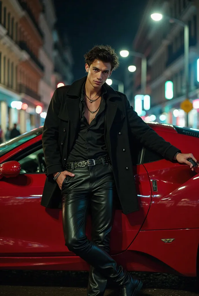 Create wide shot of handsome new gangster white man leaning against red Ferrari defined body healed messy short black hair holding a revolver dressed in black leather pants and top and black jacket in the city at night