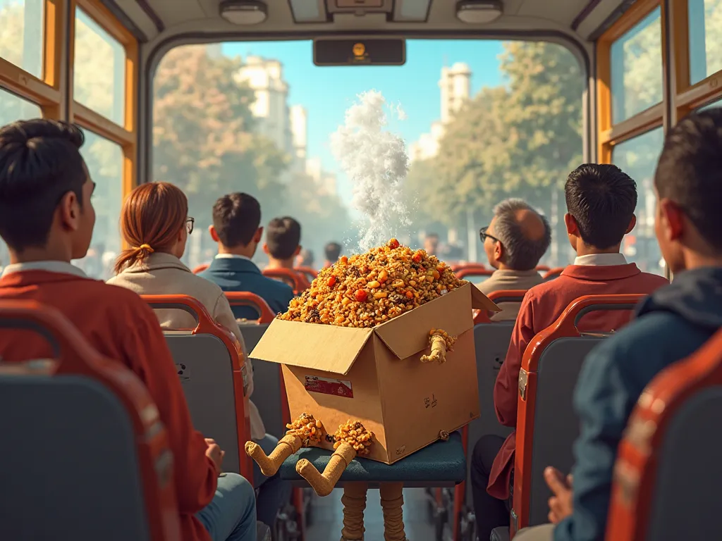 A box of koshary riding a bus