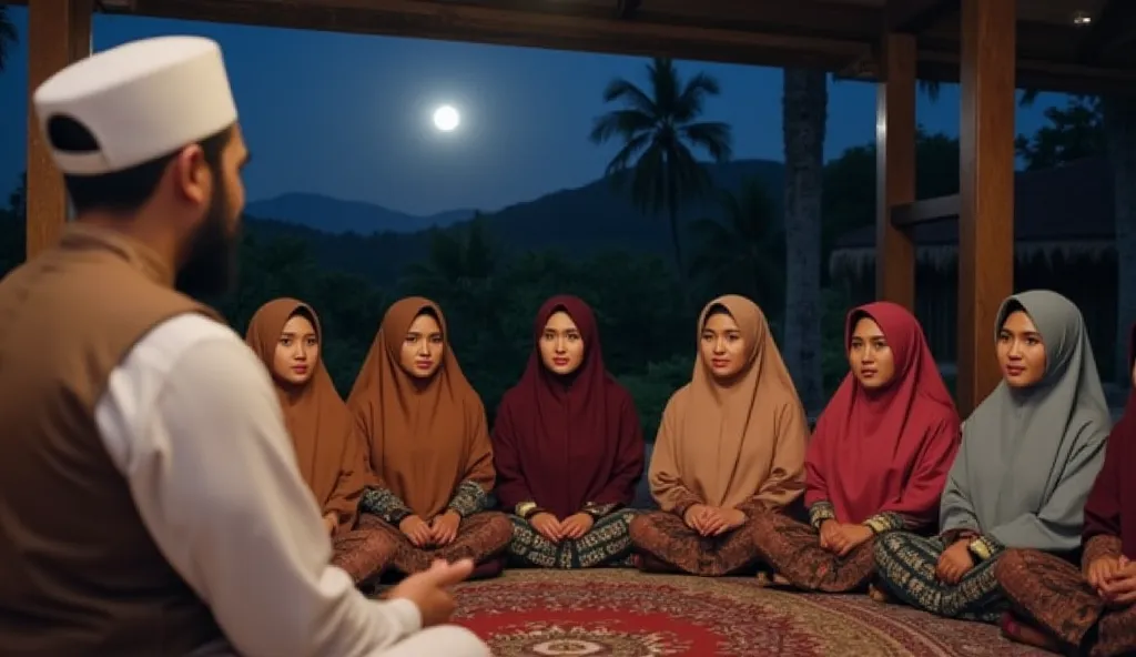 Side view of a close-up photo of a 35-year-old Indonesian man with typical Indonesian facial features, wearing a white peci, beard, and traditional Muslim clothing. He is facing and speaking to a group of adult Indonesian hijab-wearing women, large breasts...