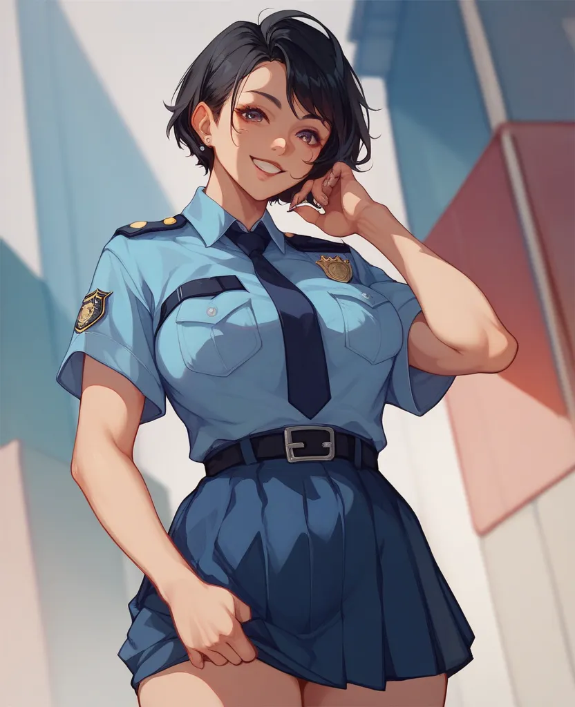 1 woman、Japanese 1.3、 black hair、short hair、Japanese female police officers、A uniform worn by police officers、uniform、Skirt、smile