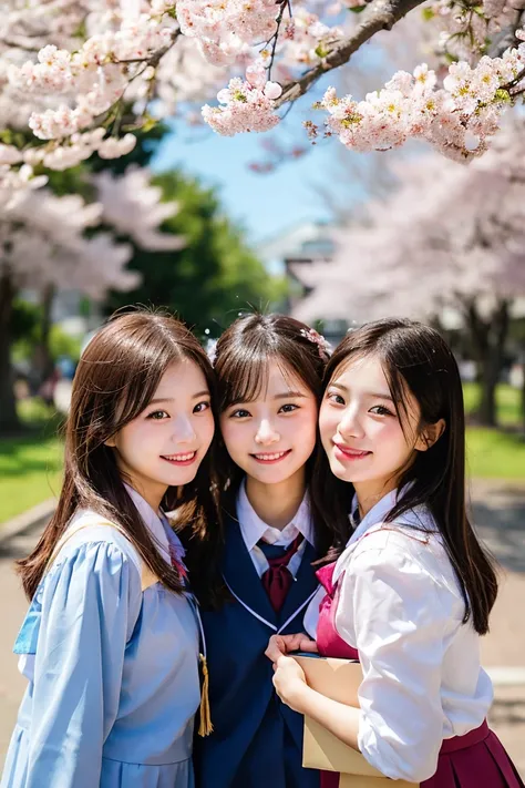 "A photorealistic image of three high school girls standing under a fully bloomed cherry blossom tree, holding a graduation album and joyfully posing for the camera. They are smiling brightly, wearing Japanese school uniforms, with soft pink petals falling...