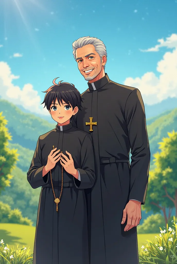 Generate anime images of Saint John Bosco cheerful and with ren in black cassock and straight black hair 