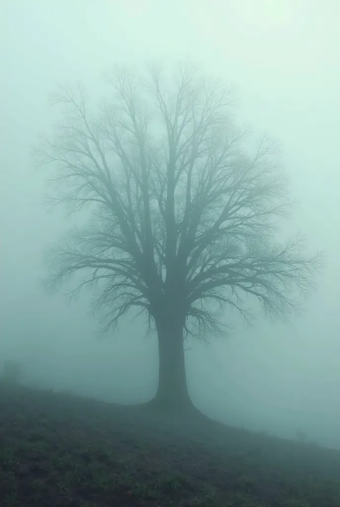 An ethereal mist surrounding the tree, with ghostly shapes barely visible within, creating an atmosphere of tension and suspense.
