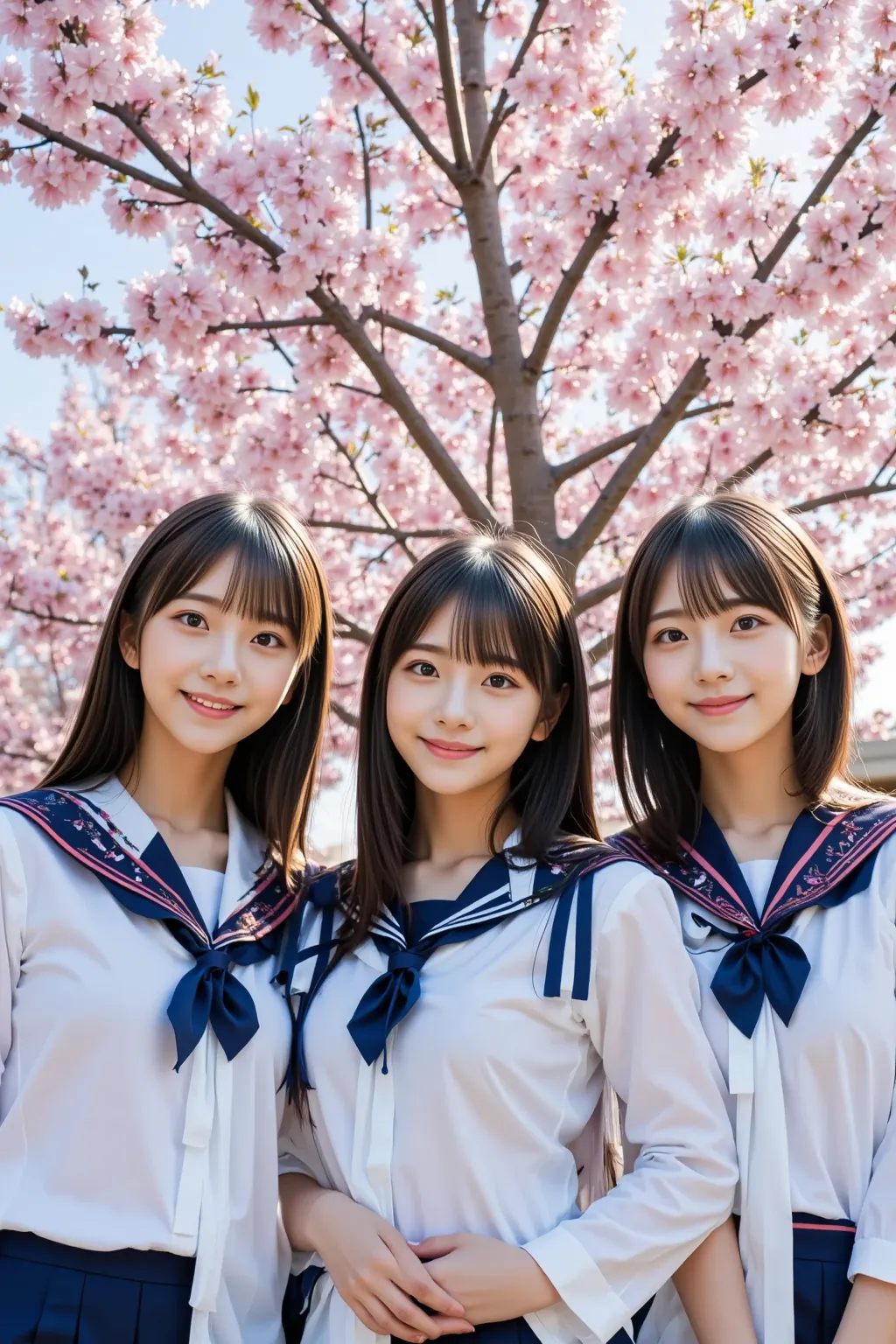 "A photorealistic image of three high school girls standing under a fully bloomed cherry blossom tree, holding a graduation album and joyfully posing for the camera. They are smiling brightly, wearing Japanese school uniforms, with soft pink petals falling...