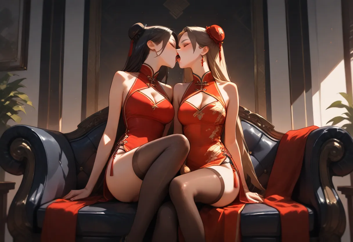 two women, deep kiss, french kiss, salivam, dark thighhighs, red chinese dress, cleavage cutout, sleeveless, sitting, on couch, highly detailed, HD, 4K, Masterpiece, highres