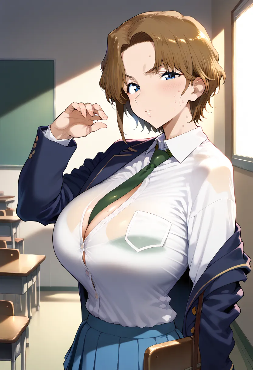 Hyper realistic, ooka momiji, short hair, brown hair, blue eyes、ウェーブヘア、, mature female, perfect face, perfect lighting, sexy female, ,huge breasts, sweat,  (skirt, shirt, long sleeves, school uniform, jacket, white shirt、 pleated skirt, necktie, collared s...