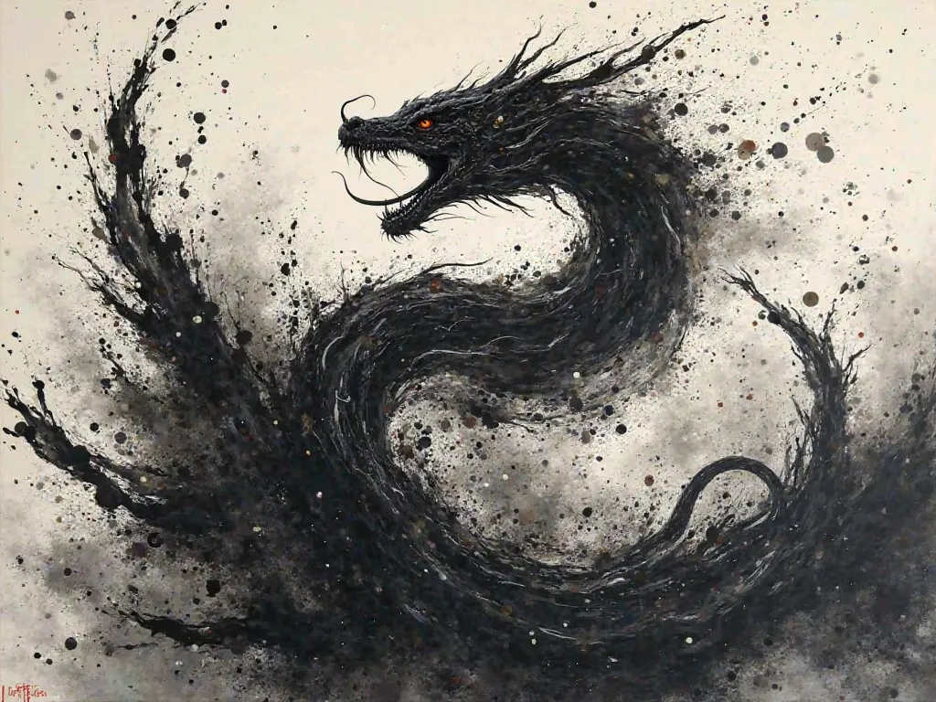 "A powerful calligraphy-inspired ink painting of a serpent breaking through bold black ink, dynamic brush strokes with high contrast, expressive and energetic composition, sharp ink splashes and controlled ink diffusion, inspired by traditional Chinese cal...