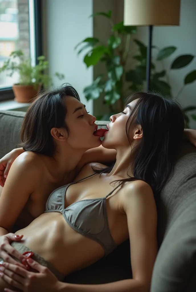 A young Japanese mucus woman is lying back on the sofa, (wet body:1.4), (rust:1.4), (rusy:1.4), A Japanese mucus  male is sitting in front of the mucus woman, ((tongue kiss)), (Vomiting mucus:1.5), (mucus woman licking male’s wet tongue), (mucus woman is o...