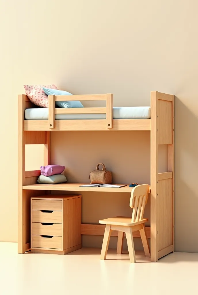 Bunk bed where the sleeping place is located upstairs and under the bed there is a desk for doing lessons with a small locker for school supplies and a satchel. 