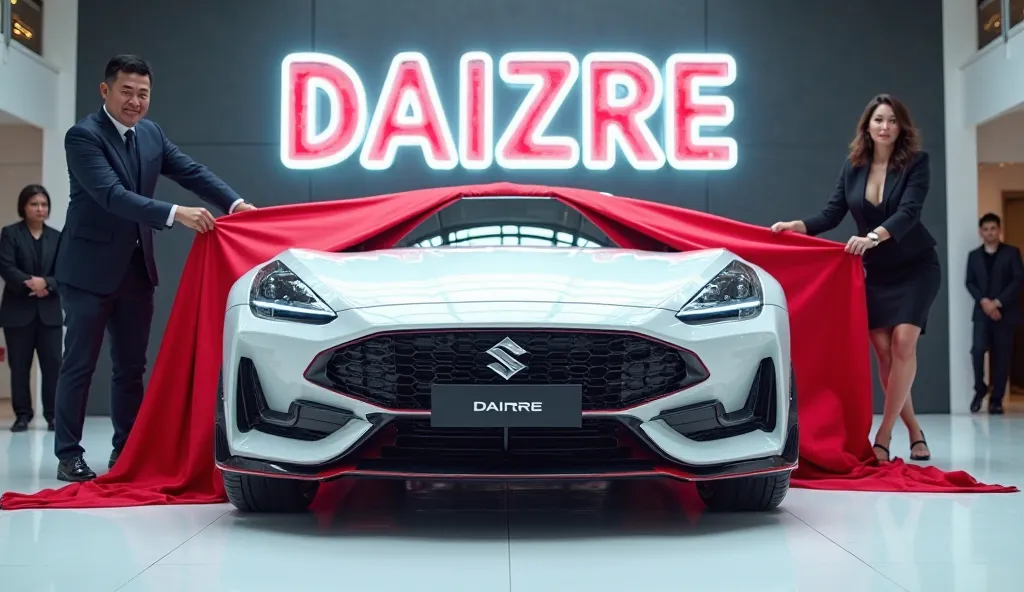 A front-facing visualization of a captivating and stunning image of a (2025 Maruti Suzuki daizre) with bold modified wheels center stage in a luxurious white showroom. The futuristic, vibrant (full white) exterior gleams, showcasing its sleek, aerodynamic ...