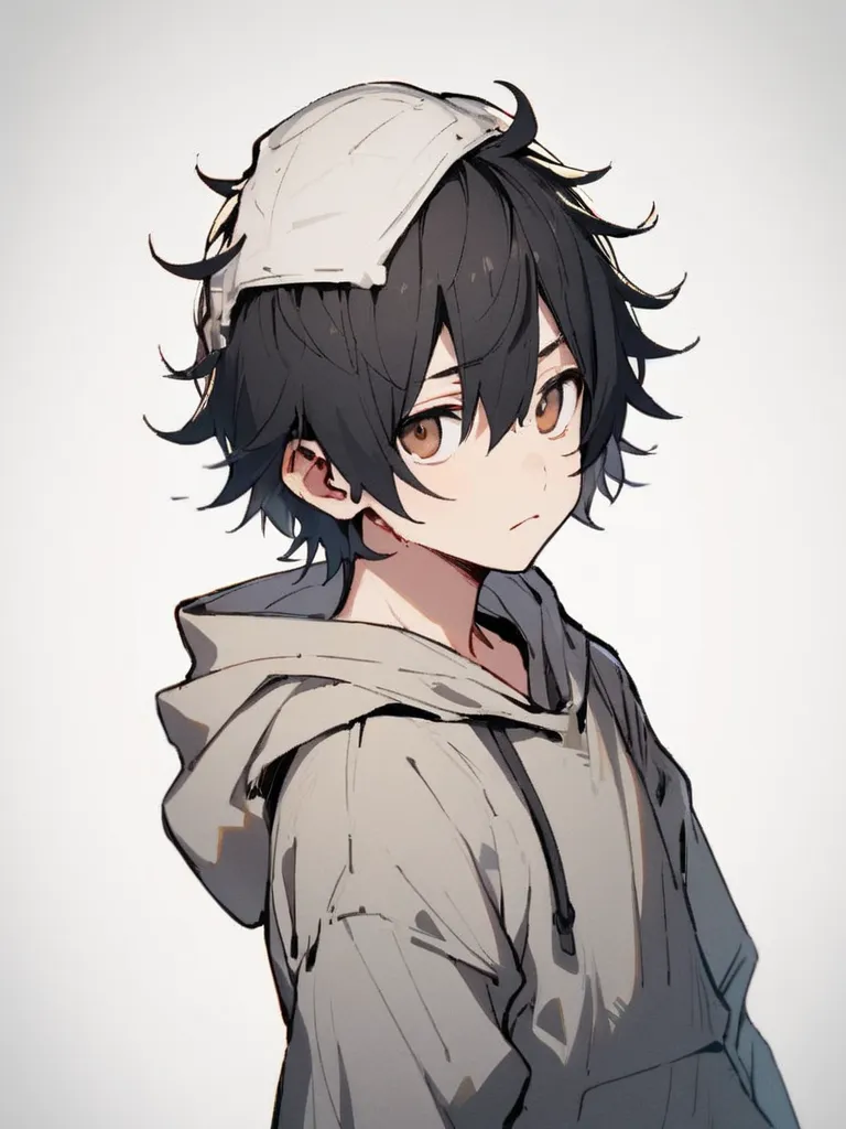 1 Young man, High Resolution, Looking at viewer, Blank Expression, Short Hair, Black Hair, Messy Hair, Brown Eyes, Gray hoodie, Hood in the head, Vignetting, Blank White Background, Half Bodyn Shot, Anatomically Correct, 