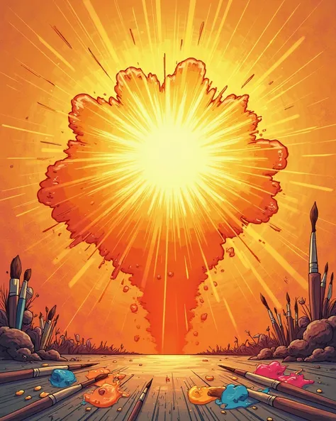 "A vibrant, comic-inspired background emphasizing a large, stylized explosion effect in the center with smooth, organic edges. The background should feature warm orange and golden tones with subtle gradients, enhancing the explosion's energy. The painting ...